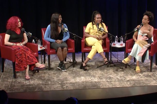 Rebecca Carroll at far right and guests, from left, Mona Eltahawy, Ziwe Fumudoh, and Kara R. Brown discuss how racism is considered today at The Greene Space, June 18, 2018